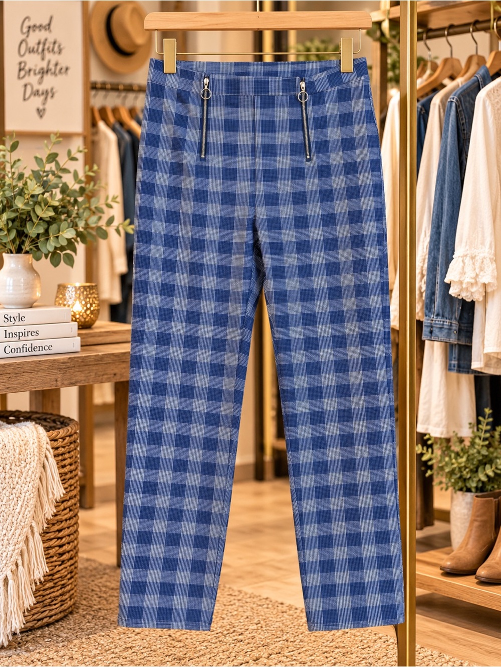 Charlotte Russe Blue Checked Straight Leg Chinos